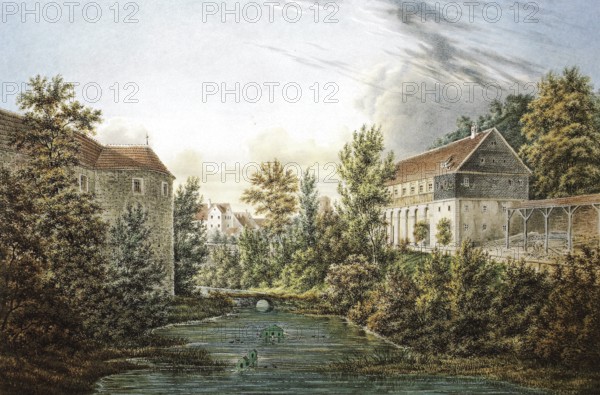 Ehrenburg Castle, ballroom and moat in 1820, Coburg, Upper Franconia, Bavaria, Germany, Historical, digitally restored reproduction from a 19th century original, Record date not stated