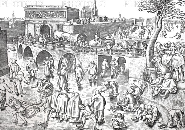 Ice skating, Ice skating in the 16th century, Antwerp, Belgium, Historical, Digitally restored reproduction from a 19th century original, Record date not stated