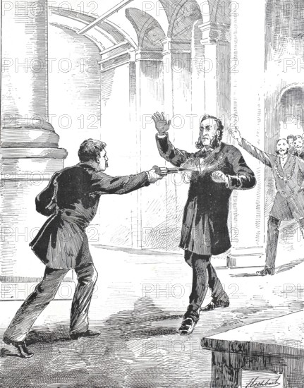 Aubertin's assassination attempt with three revolver shots on the person of Jules Francois Ferry (born 5 April 1832 in Saint-Die-des-Vosges, died 17 March 1893 in Paris), a French politician of the Third Republic, Historical, digitally restored reproduction from a 19th century original, Record date not stated