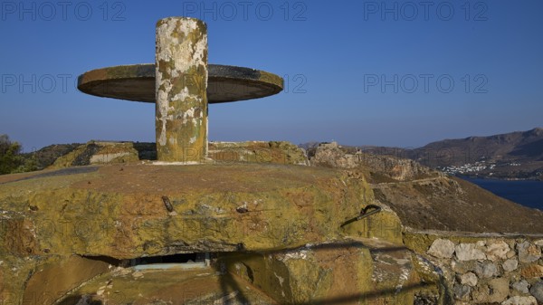A weathered concrete platform on a hill with a sweeping sea view in a barren landscape, Lost Place, Lago anti-aircraft battery, bunker, Apitiki Mountain, Leros, Dodecanese, Greek Islands, Greece