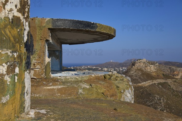 A dilapidated concrete bunker on a hill overlooking the coastal landscape, Lost Place, Lago anti-aircraft battery, Bunker, Apitiki Mountain, Leros, Dodecanese, Greek Islands, Greece