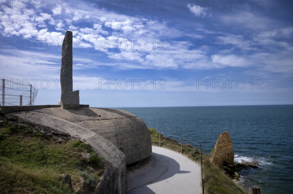 Pointe du Hoc, memorial on former German bunker, memorial for US Ranger, Cricqueville-en-Bessin, D-Day, Operation Overlord, Omaha Beach, Utah Beach, Normandy, Calvados, France