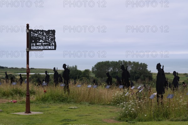 Installation, Juno Beach sign, Standing with Giants, honours the victims of the fallen British soldiers by personification, British Normandy Memorial, war memorial, Ver-sur-Mer, D-Day, Operation Overlord, Gold Beach, Normandy, Calvados, France