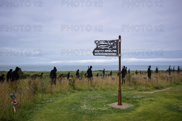 Installation, sign Omaha Beach, Standing with Giants, honours the victims of the fallen British soldiers by personification, British Normandy Memorial, war memorial, Ver-sur-Mer, D-Day, Operation Overlord, Gold Beach, Normandy, Calvados, France