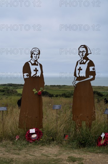 Nurse Mollie Evershed and Dorothy Field, installation, Standing with Giants, honouring the sacrifices of fallen British soldiers through personification, British Normandy Memorial, war memorial, Ver-sur-Mer, D-Day, Operation Overlord, Gold Beach, Normandy, Calvados, France