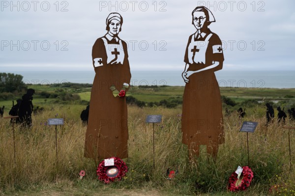 Nurse Mollie Evershed and Dorothy Field, installation, Standing with Giants, honouring the sacrifices of fallen British soldiers through personification, British Normandy Memorial, war memorial, Ver-sur-Mer, D-Day, Operation Overlord, Gold Beach, Normandy, Calvados, France