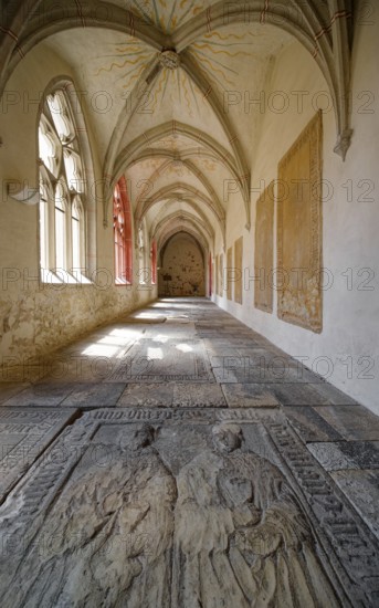 Cloister with tomb slab, St Peter and Paul Cathedral, interior view, Museum Zeitzer Schloss Moritzburg, early baroque style, Zeitz, Saxony-Anhalt, Germany