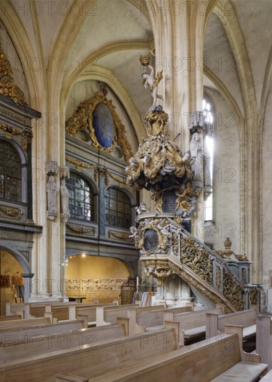 St Peter and Paul Cathedral, interior with pulpit and royal box, Museum Zeitzer Schloss Moritzburg, early baroque style, Zeitz, Saxony-Anhalt, Germany