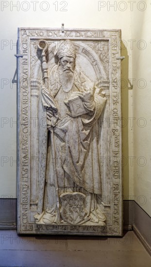 Historic tomb slab with the figure of a bishop, Museum Zeitzer Schloss Moritzburg, early baroque style, interior view, Zeitz, Saxony-Anhalt, Germany