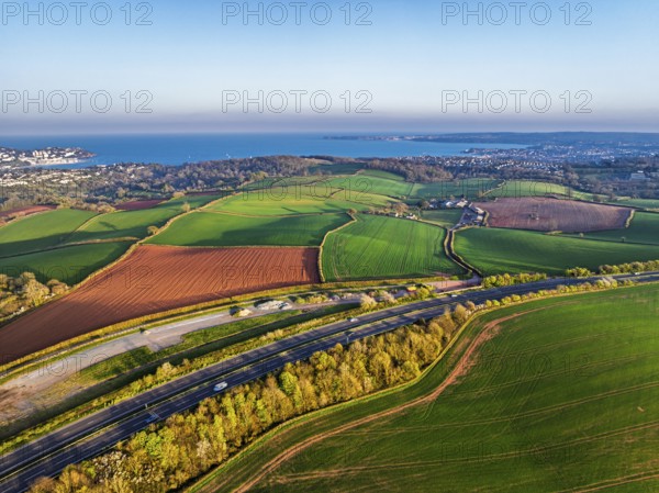 Farms and Fields over Torquay from a drone, Devon, England, United Kingdom