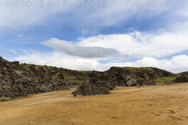 Skarðsvík Beach, sandy beach and rocky coast, coastal landscape, Skardsvik, Snaefellsnes, West Iceland, Iceland