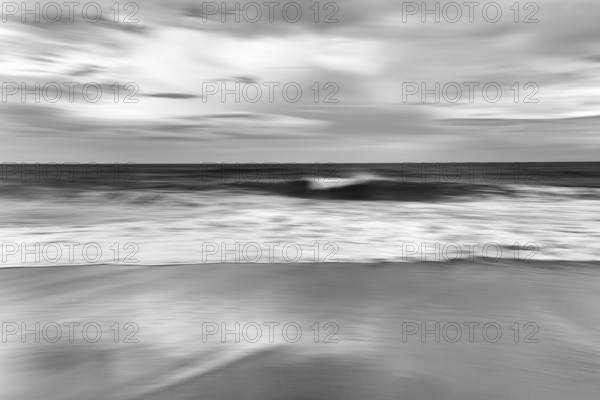 Skarðsvík Beach, surf waves on sandy beach, coastal landscape, monochrome, motion blur, Skardsvik, Snaefellsnes, West Iceland, Iceland