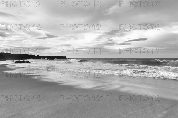 Skarðsvík Beach, surf waves on a sandy beach, coastal landscape, monochrome, Skardsvik, Snaefellsnes, West Iceland, Iceland
