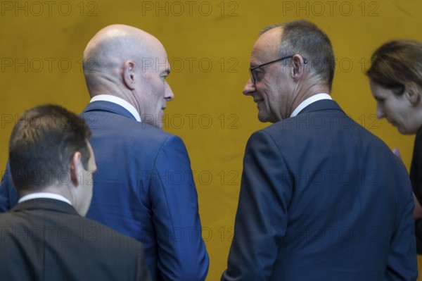 Dirk Schmitz (Blackrock Country Head for Germany, Austria and Eastern Europe and CEO of Blackrock Asset Management Germany) and Friedrich Merz (CDU, Federal Chancellor) after the Made for Germany investment summit at the Federal Chancellery. The investment summit aims to strengthen Germany as a business location, with representatives from a total of 61 German companies meeting with Chancellor Merz. Berlin, 21.07.2025