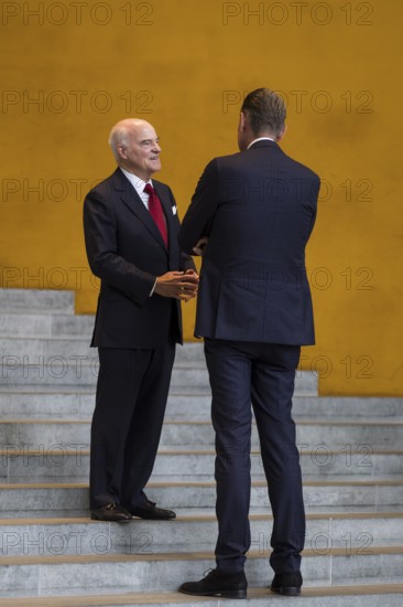 Henry Kravis (co-owner of investment company KKR) and Mathias Döpfner (CEO of Axel Springer SE) after the Made for Germany investment summit at the Federal Chancellery. The investment summit aims to strengthen Germany as a business location, with representatives from a total of 61 German companies meeting with Chancellor Merz. Berlin, 21 July 2025