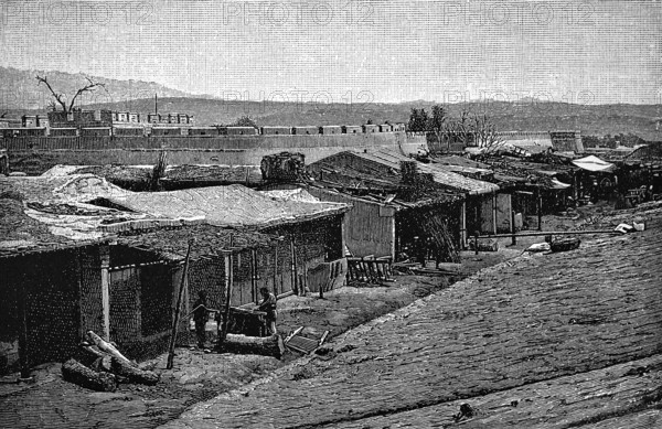 Kashgar or Kaxgar, traditional clay buildings with thatched roof, castle-like complex with circular wall, Uyghur Autonomous Region Xinjiang, formerly Turkestan, today China, historical illustration 1896