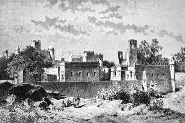 Old royal palace in Gondar or Gonder, former capital, traditional adobe architecture, wall, towers, battlements, trees, people, Amhara, Ethiopia, historical illustration 1896