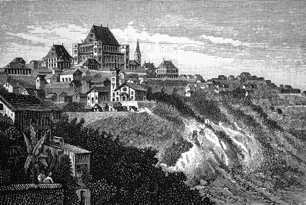 Capital Antananarivo or Tana, former royal palace Rova of Antananarivo with four corner towers, steep slope, gardens, church, Madagascar, historical illustration 1896