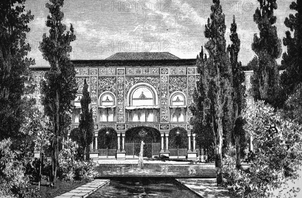 Palace of the Shah of Persia with rich ornamentation, garden and park, water features, fountain, wealth, demonstrative power, Tehran, Iran, historical illustration 1896
