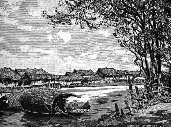 Siamese village on the Mekong, thatched huts, pile dwellings, boat with people, jetty on the bank, trees, former Siam, today Thailand, historical illustration 1896