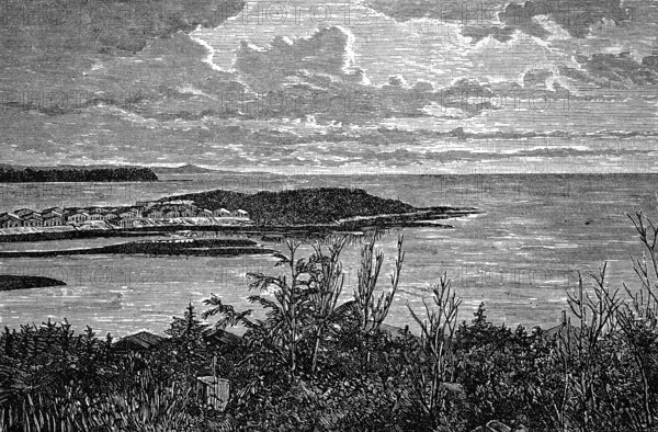 River Island with Fort Simpson at the confluence of the Mackenzie and Liard Rivers, Fort Simpson Park, George Simpson, Hudson's Bay Company, Dehcho Region, Northwest Territories, Canada, historical illustration 1896