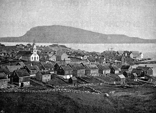 Capital Thórshavn or Thorshafen on the island Streymoy, cathedral church, grass roof houses, stone wall, harbour, Faroe Islands, Denmark, historical illustration 1896