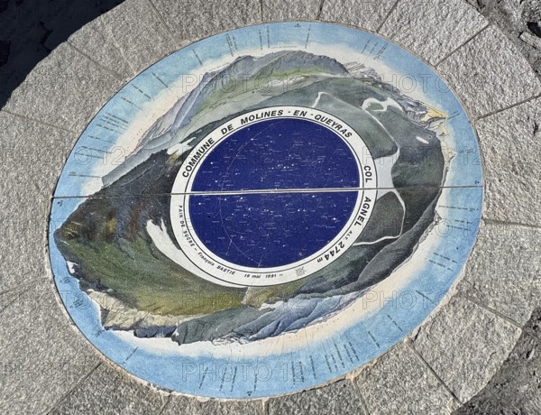 Orientation board on stone plinth at viewpoint on third highest asphalted pass in the Alps highest border pass in the high Alps Alpine pass above tree line behind it view of southern ramp southern ascent mountain road Alpine road pass road to 2744 metre high Col d'Agnel, Colle dell'Agnello, Pontechianale, Piedmont, Italy