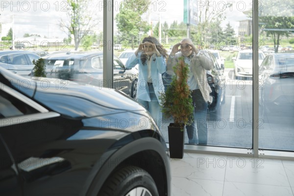 A couple stands outside a dealership, curiously examining a shiny car. They appear excited as they discuss features and possibilities for their next vehicle