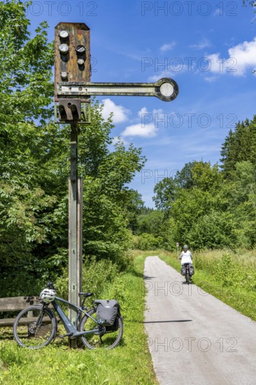 Sauerlandring cycle path, an 84 km long circular cycle path between the towns of Finnentrop, Eslohe, Schmallenberg and Lennestadt, mostly on former railway lines, here near Finnentrop-Serkenrode, old signalling systems, Sauerland, North Rhine-Westphalia, Germany