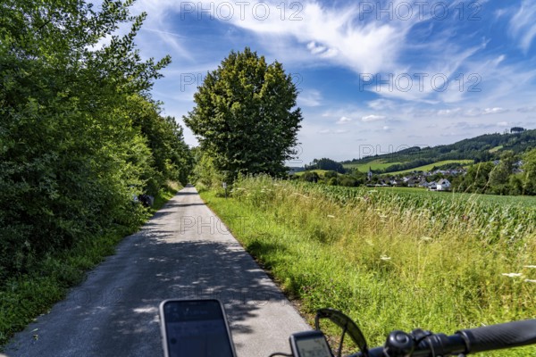 Sauerlandring cycle path, an 84 km long circular cycle path between the towns of Finnentrop, Eslohe, Schmallenberg and Lennestadt, mostly on former railway lines, here near Finnentrop-Serkenrode, Sauerland, North Rhine-Westphalia, Germany