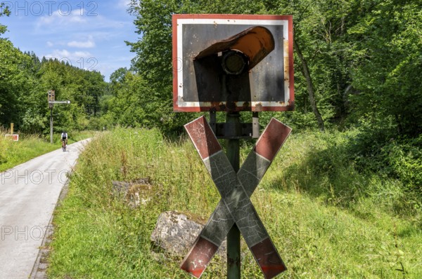 Sauerlandring cycle path, an 84 km long circular cycle path between the towns of Finnentrop, Eslohe, Schmallenberg and Lennestadt, mostly on former railway lines, here near Finnentrop-Serkenrode, old signalling systems, Sauerland, North Rhine-Westphalia, Germany