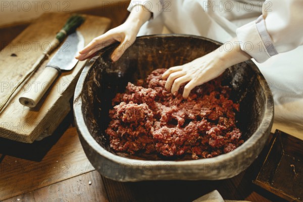 Kwak Yoo Kyung prepares fermented beef, the loins are dried in the sun for 5 to 6 days and then kept for up to 2 years, Chosun Food Restoration Centre, Jeonju, Korea, 2022