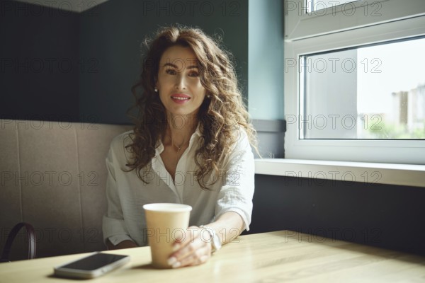 A woman with curly hair sits at a table near a window, holding a cup of coffee. She wears a white shirt and smiles softly, with her phone beside her, enjoying the tranquil atmosphere
