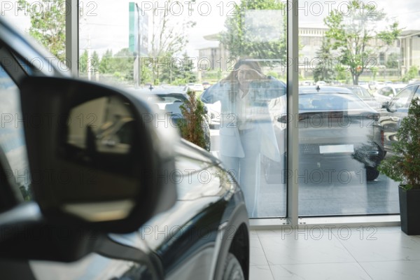 A customer stands outside a car dealership, looking at various vehicles through glass windows, AI generated