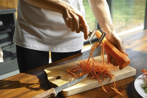 Unrecognizable person cuts a carrot into thin strips, creating thin strands on a wooden cutting board