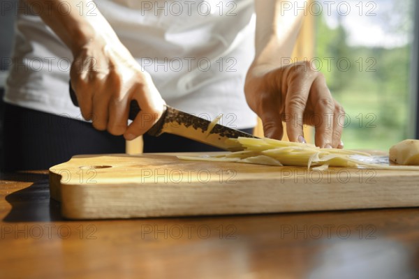 Unrecognizable person skillfully slices fresh ginger on a wooden cutting board in a well-lit kitchen