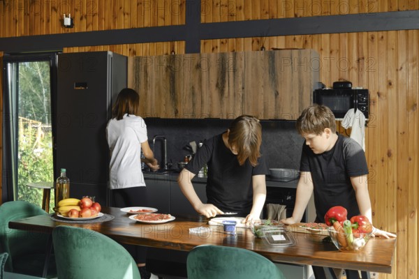 Mother washes dishes while her sons are preparing healthy breakfast in a spacious kitchen of a country house