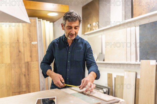 Mature architect taking measurements of ceramic tile samples using a tape measure, inside a home improvement store showroom