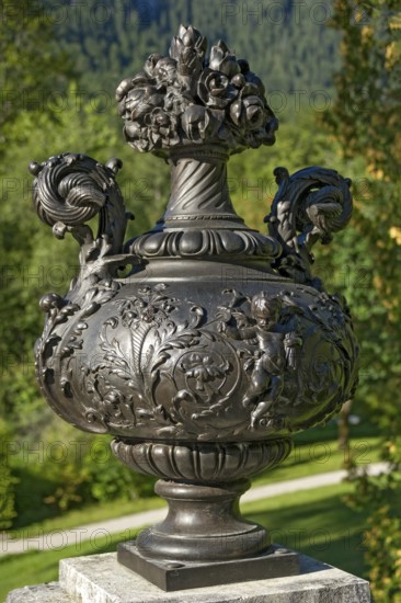 Vase with putti and ornaments, decorative ceramic vessel in Rococo style, west parterre, park of Linderhof Palace, UNESCO World Heritage Site, Ettal, Unterammergau, Garmisch-Partenkirchen, Upper Bavaria, Bavaria, Germany