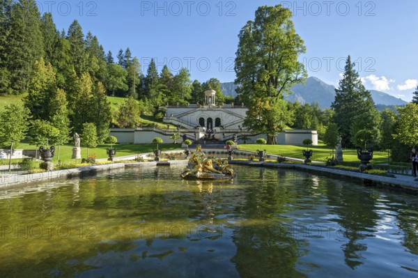 Basin, water basin with flora fountain in gold, palace park of Linderhof Palace, Neo Rococo, UNESCO World Heritage Site, Ettal, Unterammergau, Garmisch-Partenkirchen, Upper Bavaria, Bavaria, Germany