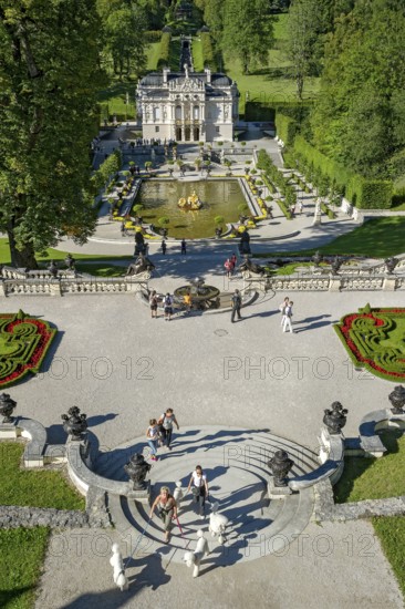 Terraced garden with pool, water basin in the park of Linderhof Palace, Neo Rococo, UNESCO World Heritage Site, Ettal, Unterammergau, Garmisch-Partenkirchen, Upper Bavaria, Bavaria, Germany