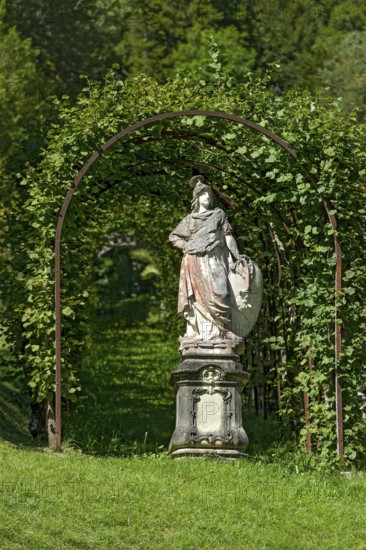 Rococo-style arcade with statue of the goddess Minerva, palace park, palace park of Linderhof Palace, UNESCO World Heritage Site, Ettal, Unterammergau, Garmisch-Partenkirchen, Upper Bavaria, Bavaria, Germany