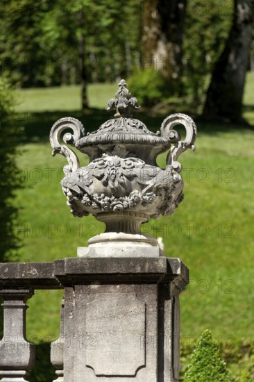 Vase at the end of a balustrade, stone ornamental vessel in Rococo style, west parterre, palace park of Linderhof Palace, UNESCO World Heritage Site, Ettal, Unterammergau, Garmisch-Partenkirchen, Upper Bavaria, Bavaria, Germany