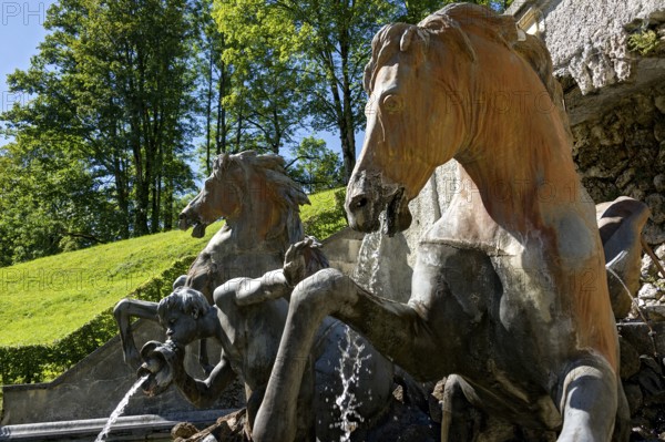 Horses of the Neptune Fountain, Rococo-style sculpture, Linderhof Castle Park, UNESCO World Heritage Site, Ettal, Unterammergau, Garmisch-Partenkirchen, Upper Bavaria, Bavaria, Germany