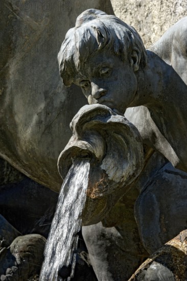 Triton at the Neptune Fountain, Rococo-style sculpture, Linderhof Palace Park, UNESCO World Heritage Site, Ettal, Unterammergau, Garmisch-Partenkirchen, Upper Bavaria, Bavaria, Germany
