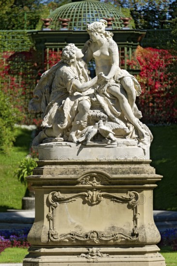 Sculpture of lovers Venus and Adonis, Rococo style, east parterre, park of Linderhof Castle, UNESCO World Heritage Site, Ettal, Unterammergau, Garmisch-Partenkirchen, Upper Bavaria, Bavaria, Germany