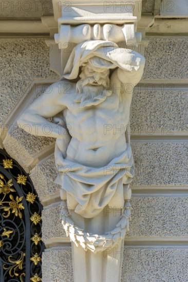 Atlant on the façade of the south side of Linderhof Castle, Neo Rococo, UNESCO World Heritage Site, Ettal, Unterammergau, Garmisch-Partenkirchen, Upper Bavaria, Bavaria, Germany