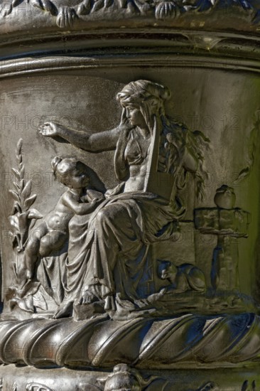Mythological depiction, relief on a vase, ornamental ceramic vessel in Rococo style, west parterre, palace park of Linderhof Palace, UNESCO World Heritage Site, Ettal, Unterammergau, Garmisch-Partenkirchen, Upper Bavaria, Bavaria, Germany