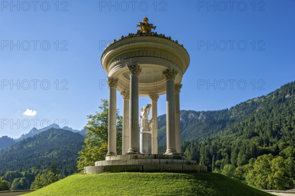 Statue of Venus with Cupid in the Temple of Venus above the terraced gardens, blue sky, park of Linderhof Castle, UNESCO World Heritage Site, Ammergau Alps, Ettal, Unterammergau, Garmisch-Partenkirchen, Upper Bavaria, Bavaria, Germany