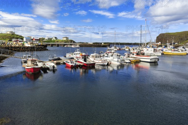 Boats in the harbour, rocky coastal landscape, Stykkisholmur, Snæfellsnes, Snaefellsnes, West Iceland, Iceland